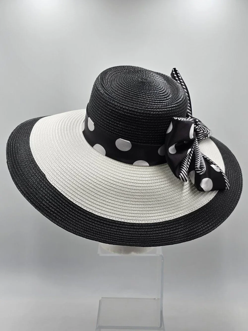 August Hat Company B&W Wide Brim Hat with Polka-Dot & Striped Accent Bow